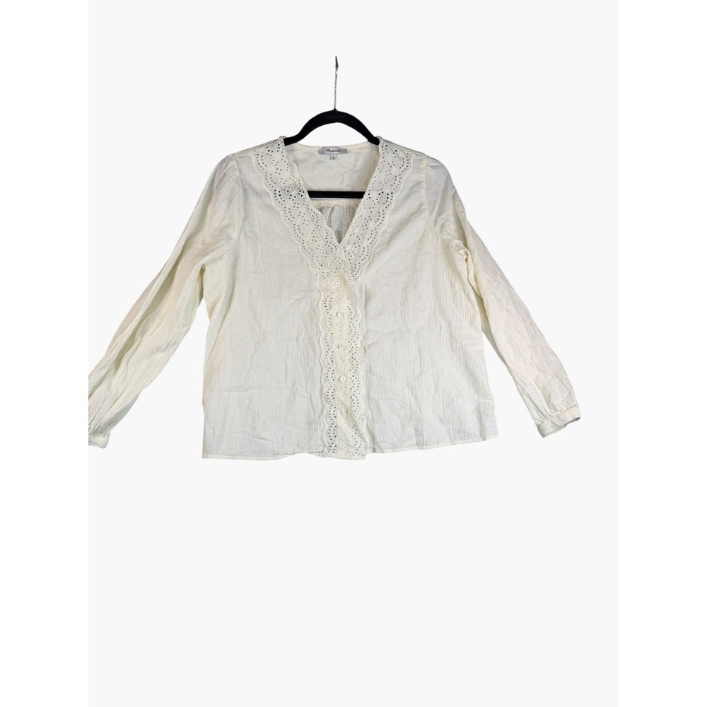 Madewell Eyelet Trim Cotton Gauze Blouse Cream Off White V-Neck Long Sleeve S